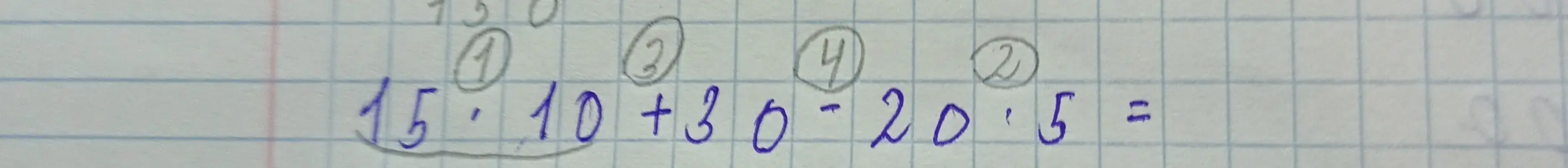 Помоги решить математическое выражение с порядком действий: 15 * 10 + 30 : 5 - 20 =