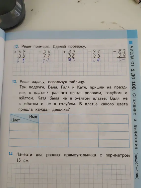 Реши примеры и сделай проверку; реши задачу, используя таблицу; начерти два разных прямоугольника с периметром 16 см.