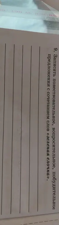 Напиши повествовательное, вопросительное и побудительное предложения с сочетанием слов «зеленая елочка»
