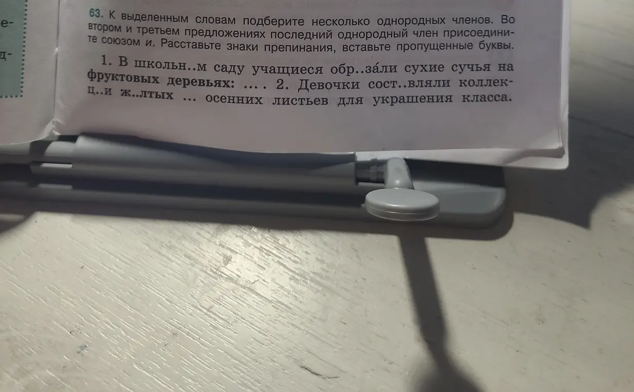 В упражнении 63 под буквой а) нужно подобрать несколько однородных членов к выделенным словам, расставить знаки препинания и вставить пропущенные буквы.