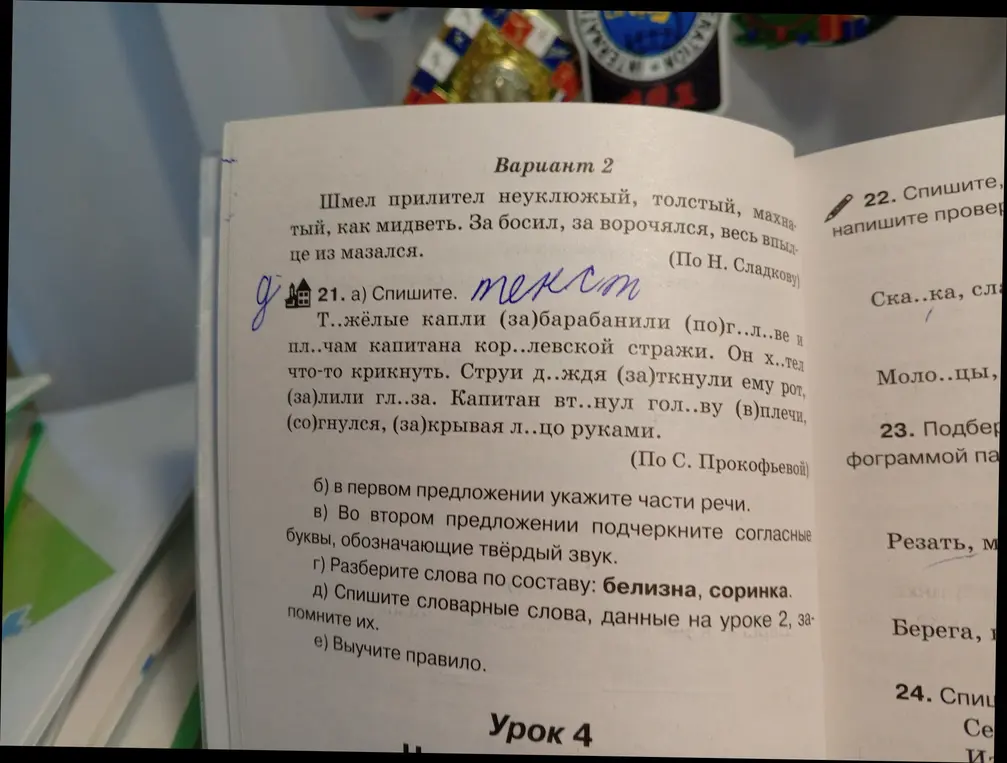 Помоги с заданием: в упражнении 21а) спиши текст, в упражнении 21б) в первом предложении укажи части речи, в упражнении 21в) во втором предложении подчеркни согласные буквы, обозначающие твёрдый звук, в упражнении 21г) разбери слова по составу: белизна, соринка.