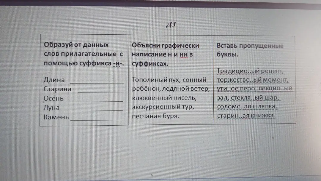 Помоги мне образовать от данных слов прилагательные с помощью суффикса -н-, объяснить графически написание н и нн в суффиксах, и вставить пропущенные буквы