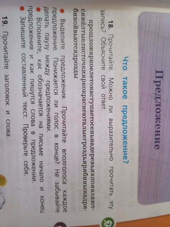 Можешь ли ты выразительно прочитать запись 'прошложаркоелетонаступаетосеньнадеревьяхпоявляются...' и что такое 'предложение'?