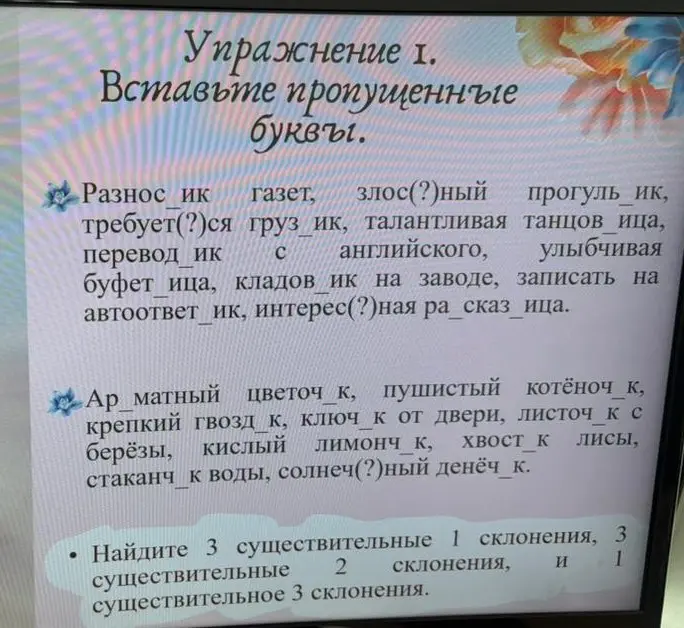 Выполни упражнение: вставь пропущенные буквы и найди существительные 1, 2 и 3 склонения