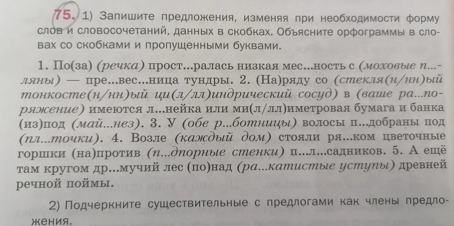 Запиши предложения, изменяя при необходимости форму слов и словосочетаний, данных в скобках. Объясни орфограммы в словах со скобками и пропущенными буквами (первое предложение).
