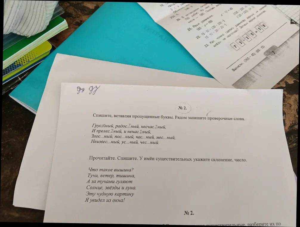 Сделай упражнение: вставь пропущенные буквы и укажи склонение и число имён существительных, реши уравнение и вычисли выражения