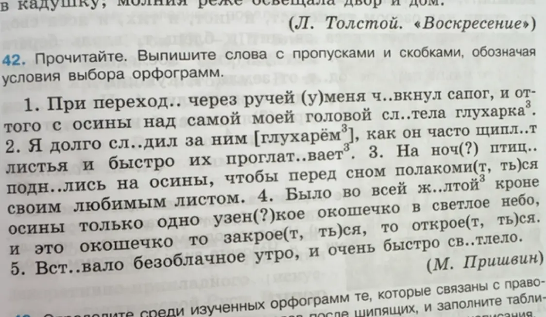 Выпиши слова с пропусками и скобками из упражнения, обозначая условия выбора орфограмм