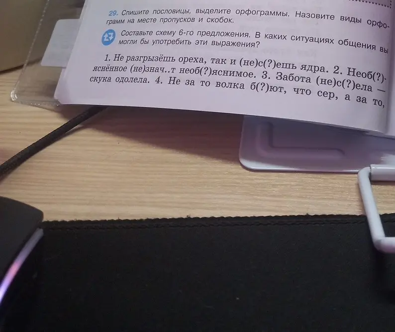 Помоги с упражнением: Спиши пословицы, выдели орфограммы. Назови виды орфограмм на месте пропусков и скобок. Составь схему 6-го предложения.