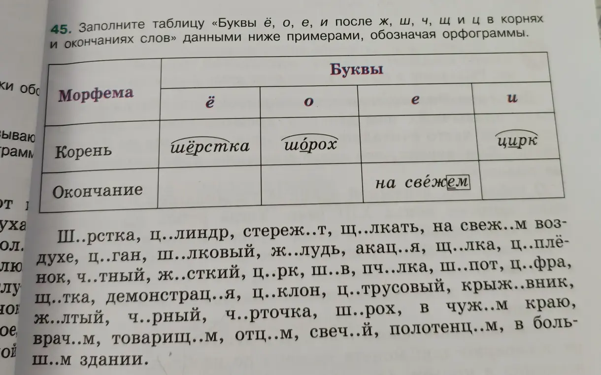 Можешь ли ты помочь заполнить таблицу «Буквы ё, о, е, и после ж, ш, ч, щ и ц в корнях и окончаниях слов»?