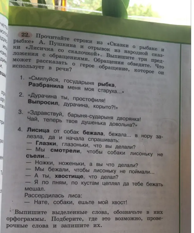 Прочитай строки из «Сказки о рыбаке и рыбке» А. Пушкина и отрывок из народной сказки «Лисичка со скалочкой». Выпиши три предложения с обращениями. Обращения обведи.