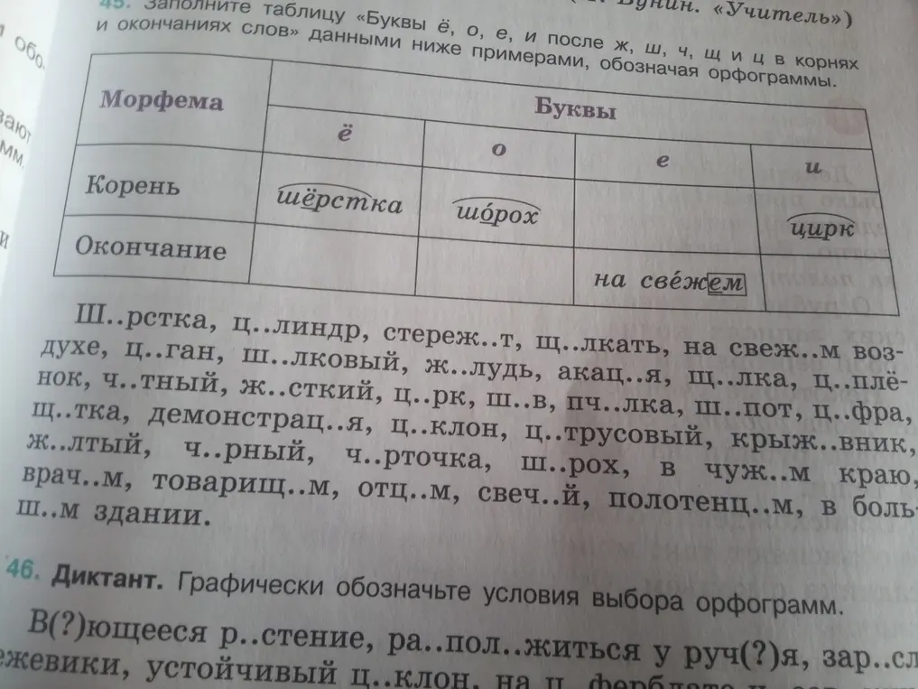 Заполни таблицу «Буквы ё, о, е, и после ж, ш, ч, щ и ц в корнях и окончаниях слов» данными ниже примерами, обозначая орфограммы.