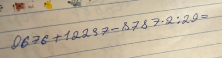 Можешь решить пример 9676 + 122387 - 878 * 7 : 2 : 29 =