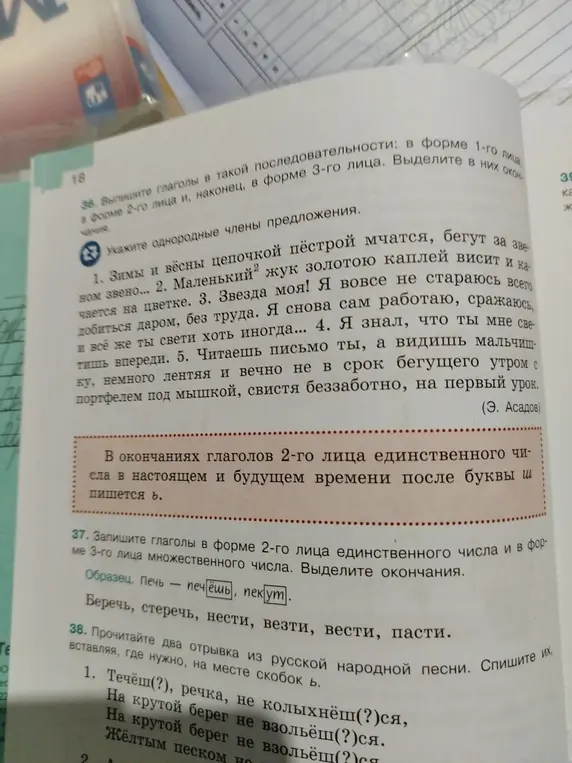 Выполни задание 37 и 38: запиши глаголы в форме 2-го лица единственного числа и в форме 3-го лица множественного числа, вставь, где нужно, на месте скобок ь.
