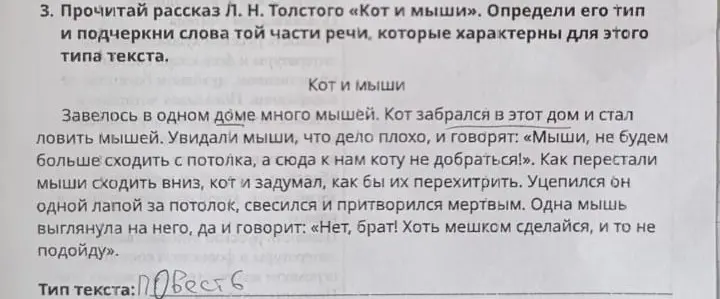 Прочитай рассказ Л. Н. Толстого «Кот и мыши». Определи его тип и подчеркни слова той части речи, которые характерны для этого типа текста.
