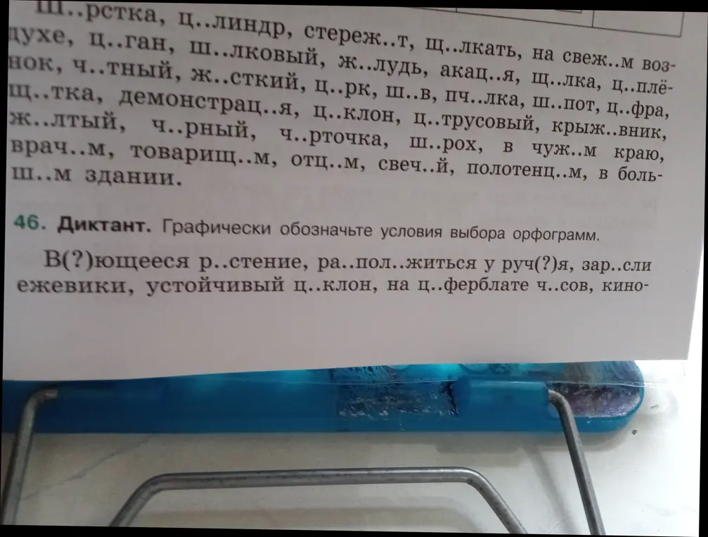 Как вставить пропущенные буквы и графически обозначить условия выбора орфограмм в словах: В(?)ющееся р..стение, ра..пол..житься у руч(?)я, зар..сли ежевики, устойчивый ц..клон, на ц..ферблате ч..сов, кино-?