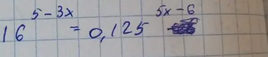 Реши уравнение $16^{5-3x} = 0,125^{5x-6}$