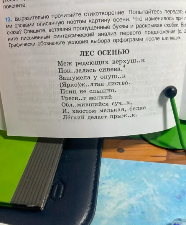 Сделай письменный синтаксический анализ первого предложения из стихотворения "Лес осенью" и вставь пропущенные буквы.