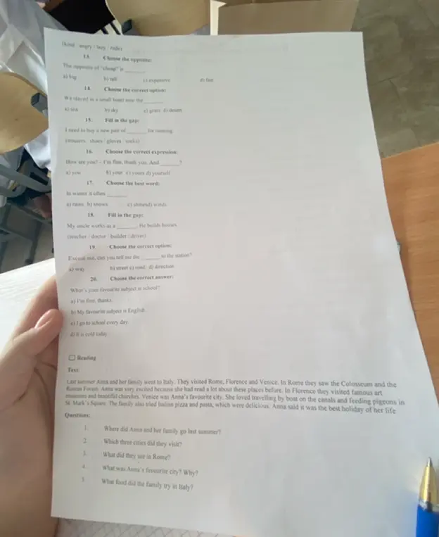 Помоги мне выбрать правильные ответы в упражнениях по английскому языку и ответить на вопросы по тексту