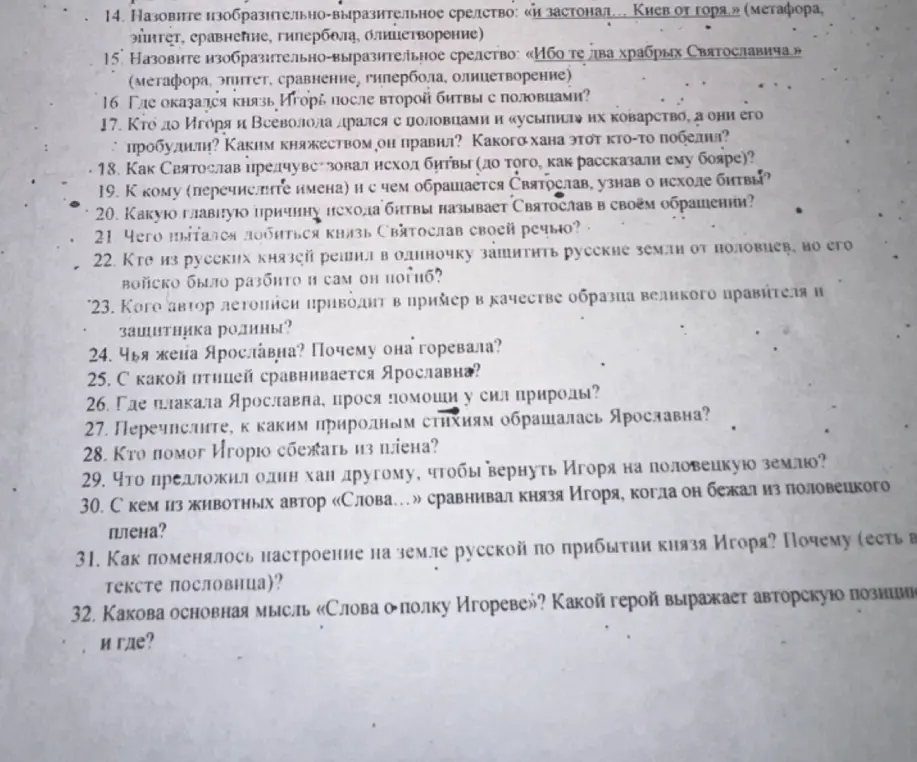 Ты просишь ответить на вопросы по «Слову о полку Игореве» (14-32)
