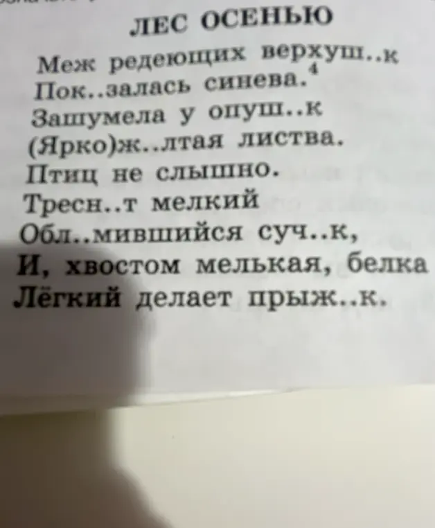 Впиши пропущенные буквы, графически обозначая правила написания в тексте про лес осенью.