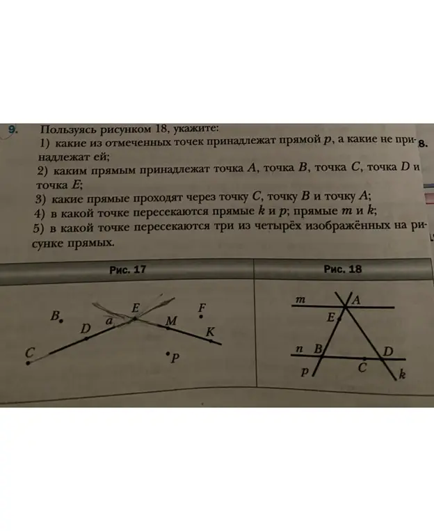 Можешь подсказать, какие из отмеченных точек принадлежат прямой p на рисунке 18?
