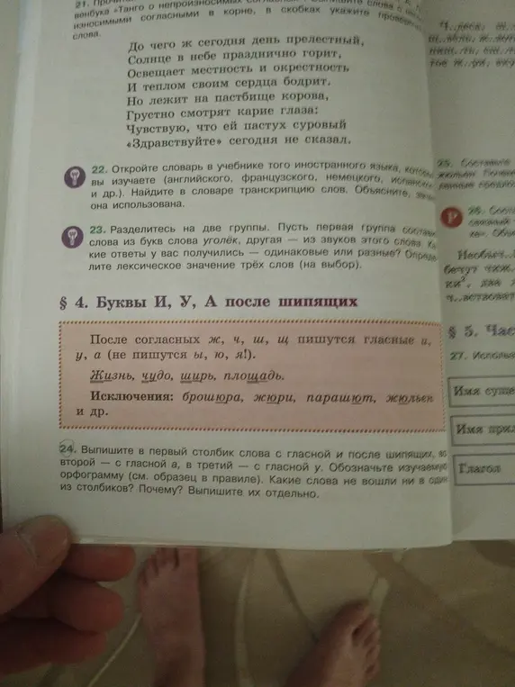 Помоги выписать слова в столбик с гласной и после шипящих, с гласной а, в третий — с гласной у