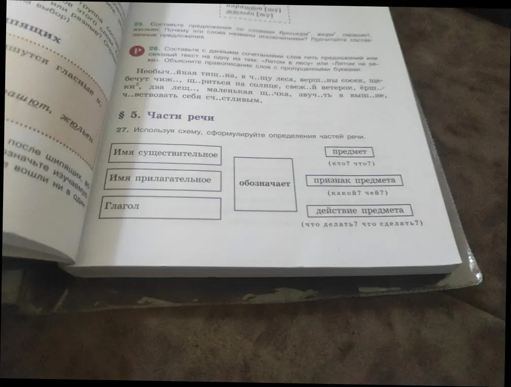 Объясни определения частей речи, используя схему в упражнении 27