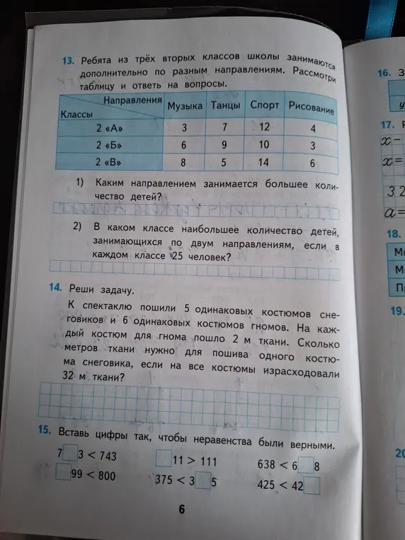 Ты просишь меня решить задачи 13, 14 и 15. В 13 задаче нужно определить, каким направлением занимается больше всего детей и в каком классе наибольшее количество детей, занимающихся по двум направлениям, если в каждом классе 25 человек? В 14 задаче нужно решить задачу про пошив костюмов. В 15 задаче нужно вставить цифры так, чтобы неравенства были верными.