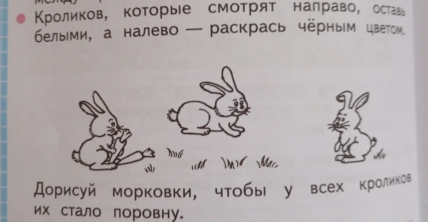 Ты просишь, чтобы я раскрасил кроликов, которые смотрят направо, белым цветом, а тех, которые смотрят налево, - черным цветом, и нарисовал морковки, чтобы у всех кроликов их стало поровну.