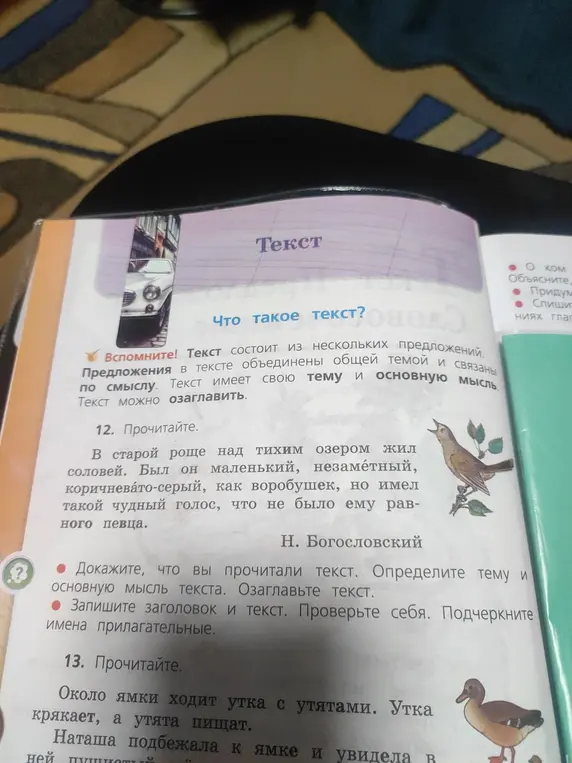 Определи тему, основную мысль и заглавие к тексту про соловья. Подчеркни имена прилагательные.