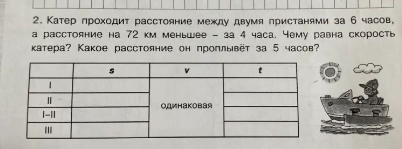 Помоги решить задачу: катер проходит расстояние между двумя пристанями за 6 часов, а расстояние на 72 км меньшее – за 4 часа. Чему равна скорость катера? Какое расстояние он проплывёт за 5 часов?