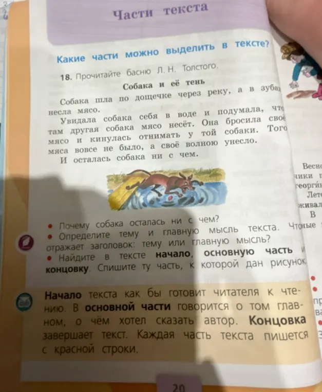 Можешь ли ты ответить на вопросы к басне «Собака и её тень»: почему собака осталась ни с чем, определи тему и главную мысль текста, найди в тексте начало, основную часть и концовку?