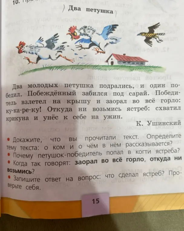 Помоги ответить на вопросы по тексту "Два петушка".