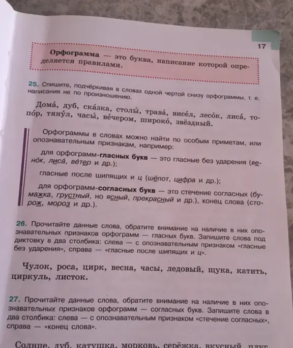 Выполни задания из упражнений 25, 26 и 27: подчеркни слова с орфограммами, запиши слова в два столбика, обращая внимание на гласные и согласные буквы.