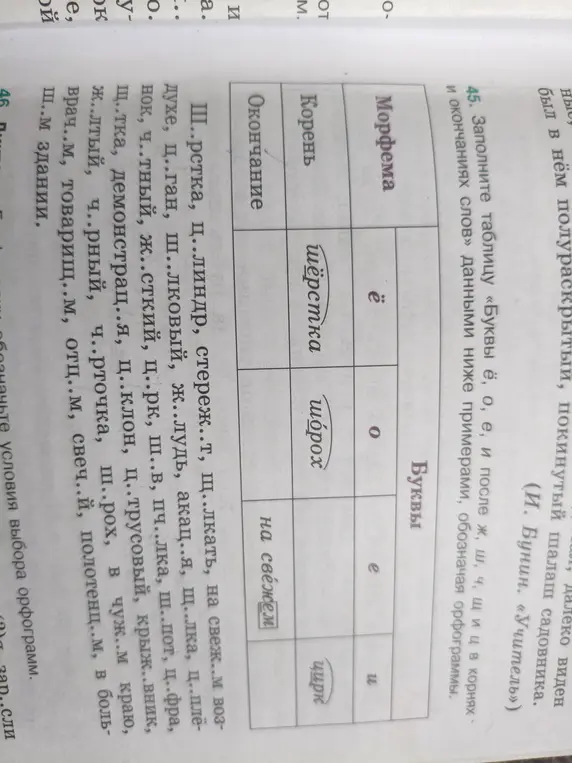 Предложи заполнить таблицу «Буквы ё, о, е, и после ж, ш, ч, щ и ц в корнях и окончаниях слов» данными ниже примерами, обозначая орфограммы.