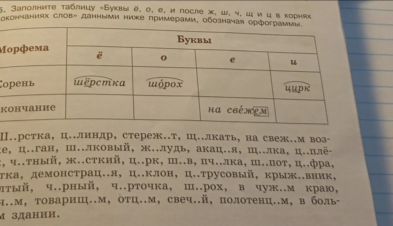 Заполни таблицу «Буквы ё, о, е, и после ж, ш, ч, щ и ц в корнях окончаниях слов» данными примерами
