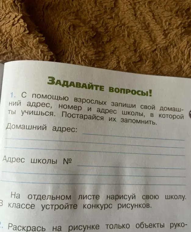 С помощью взрослых запиши свой домашний адрес, номер и адрес школы, в которой ты учишься