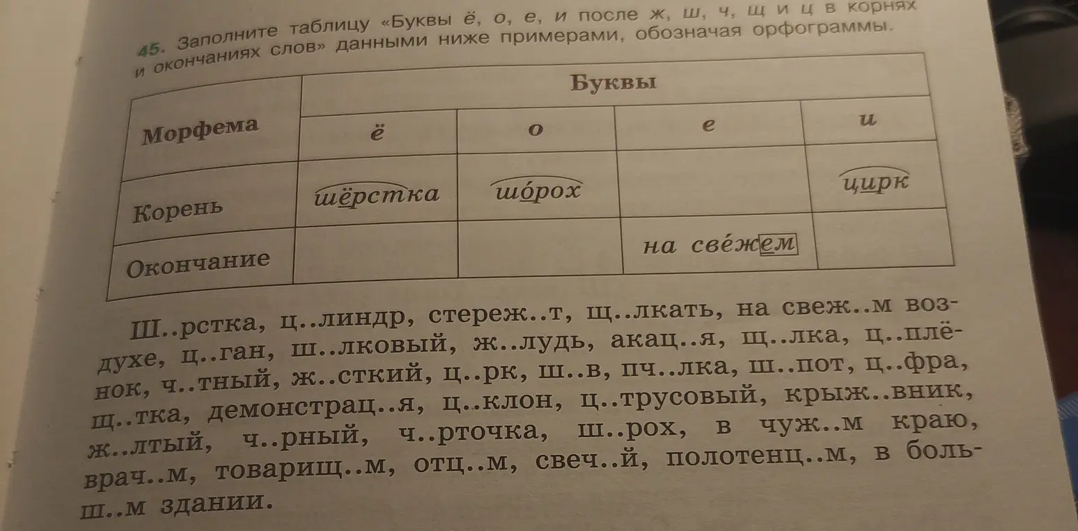Заполни таблицу «Буквы е, о, е, и после ж, ш, ч, щ и ц в корнях и окончаниях слов» данными ниже примерами, обозначая орфограммы. Множественное число.