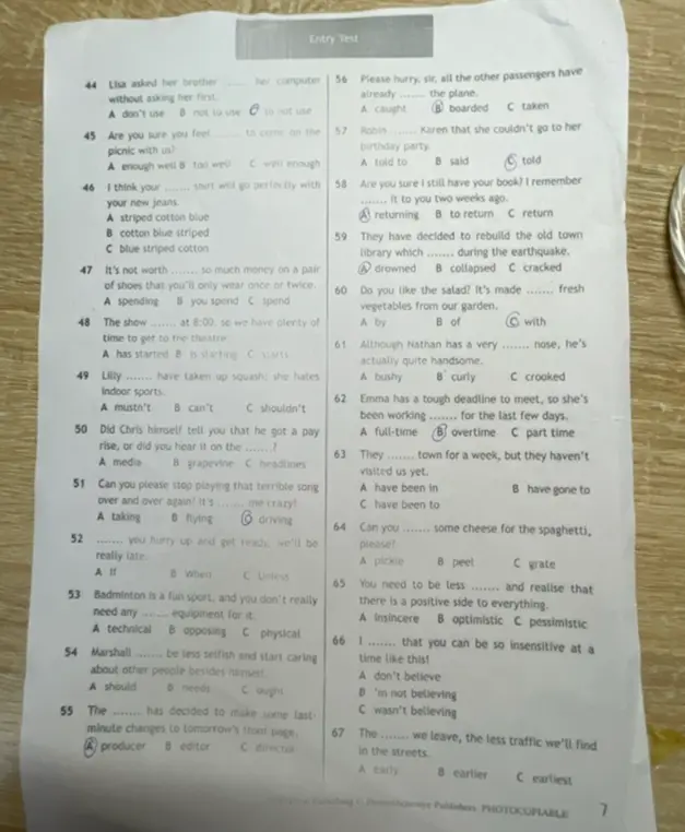 Помоги мне выбрать правильный вариант ответа в заданиях по английскому языку с 44 по 67