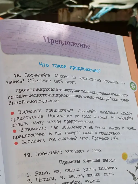 Объясни, можно ли выразительно прочитать запись 'прошложаркоелетонаступаетосеньнадеревьяхпоявляютсяжёлтыелисточкияркокраснеюталыегроздьярябинынадрябинойвьютсядрозды' и как выделить предложения