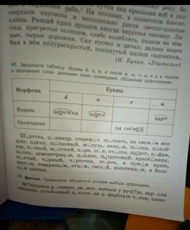 Выполни упражнение 45 - заполни таблицу «Буквы ё, о, е, и после ж, ш, ч, щ, ц в корнях и окончаниях слов» данными ниже примерами, обозначая орфограммы.