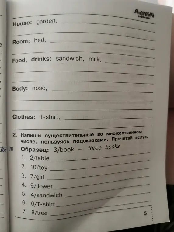 Помоги написать существительные во множественном числе, пользуясь подсказками в задании №2: 2/table
