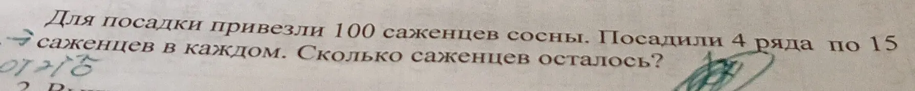Ты просишь решить задачу: для посадки привезли 100 саженцев сосны, посадили 4 ряда по 15 саженцев в каждом, сколько саженцев осталось?