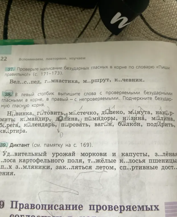 Выпиши слова с проверяемыми безударными гласными в корне, в правый — с непроверяемыми. Подчеркни безударную гласную корня в задании 38.