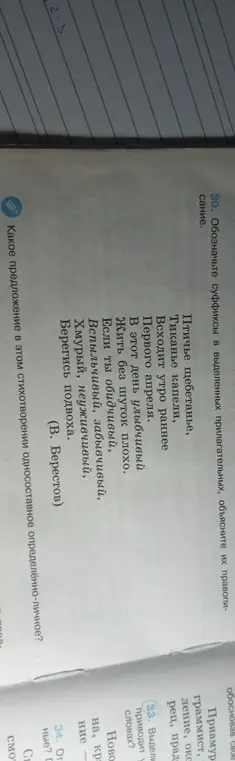 Обозначь суффиксы в выделенных прилагательных и определи односоставное определённо-личное предложение.