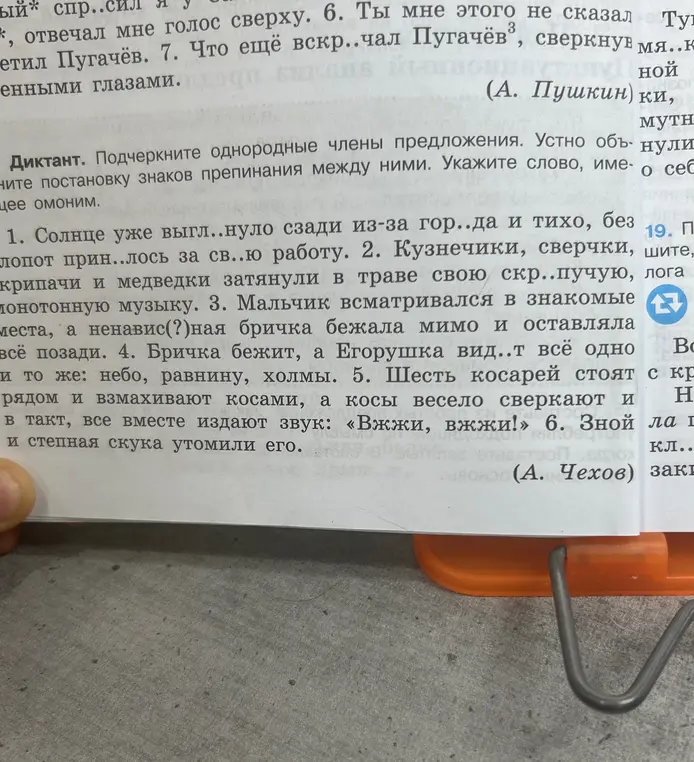 Ты просишь подчеркнуть однородные члены предложения в тексте и устно объяснить знаки препинания в первом задании.