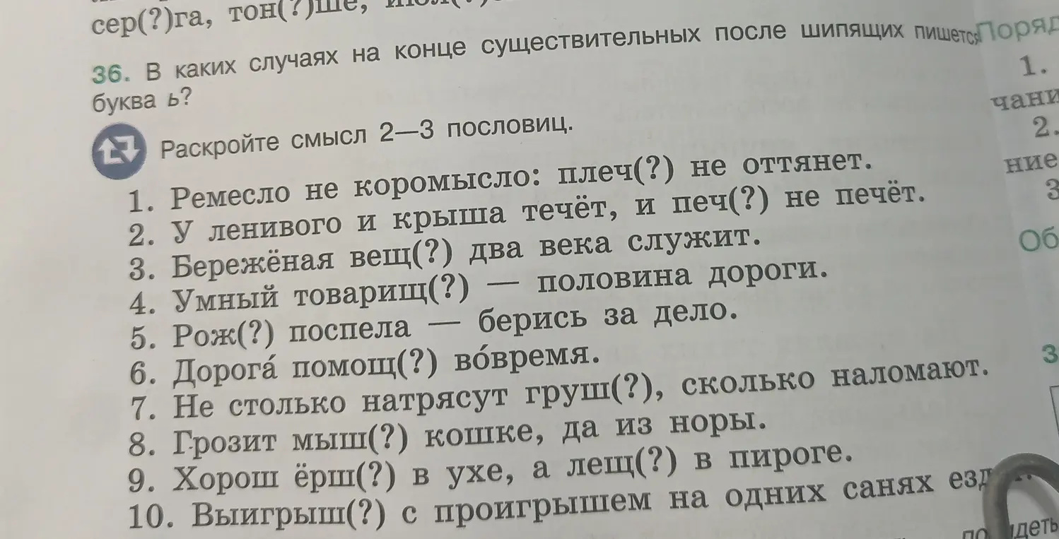 В каких случаях на конце существительных после шипящих пишется буква ь? Раскрой смысл 2-3 пословиц.