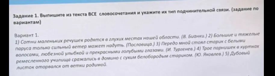 Выпиши из текста все словосочетания и укажи их тип подчинительной связи в 1-ом варианте