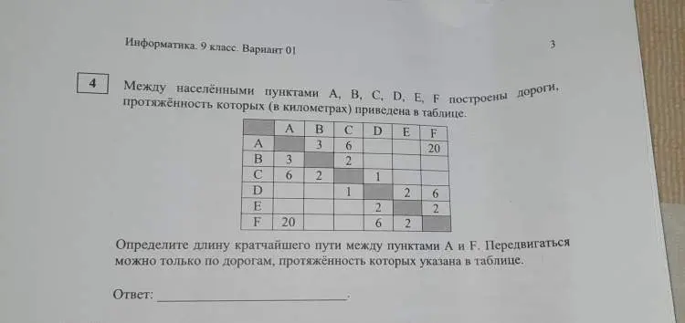 Определи длину кратчайшего пути между пунктами А и F, передвигаясь только по дорогам, протяжённость которых указана в таблице.