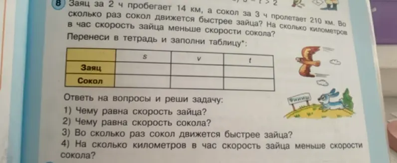 Помоги решить задачу: Заяц за 2 ч пробегает 14 км, а сокол за 3 ч пролетает 210 км. Во сколько раз сокол движется быстрее зайца? На сколько километров в час скорость зайца меньше скорости сокола?